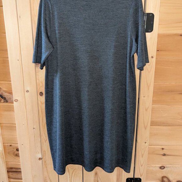 Eileen Fisher 100% Wool Knee Length Dress Med Charcoal Gray Mock Neck 1/2 Sleeve - Picture 2 of 9